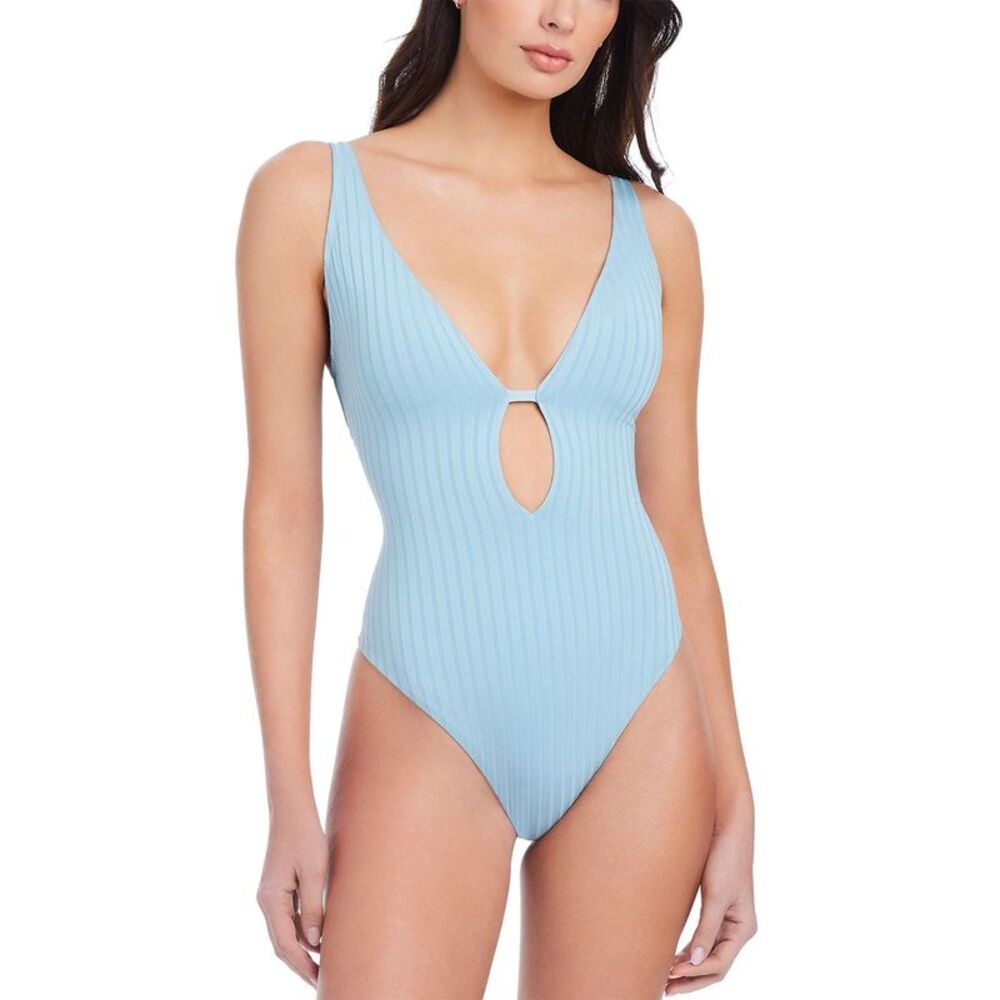 Sanctuary Womens Refresh Rib Plunging Lace Back Mio One-Piece Swimsuit L Blue
